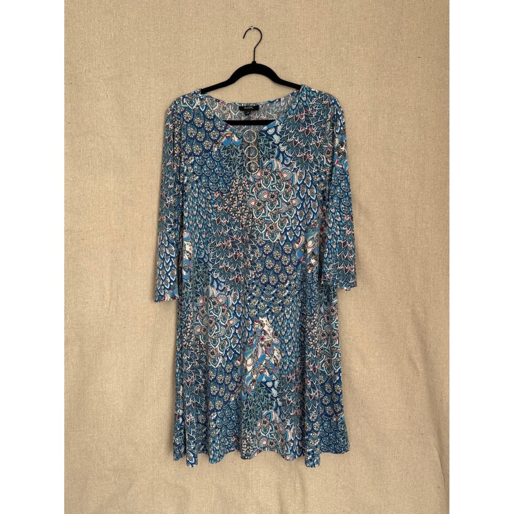 MSK Blue Peacock Paisley Print 3/4 Sleeve Keyhole Ring Shift Dress XL